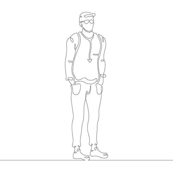 一条连续的线 年轻人出去走走 休闲服装的时尚设计 时髦的嬉皮士 一个连续的绘图线标识孤立的极小插图 — 图库照片