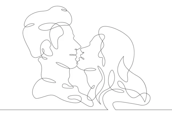 1つの連続行キスカップル 二人の恋人のキス恋人の抱擁 一つの連続線のロゴは 最小限のイラストを分離 — ストック写真