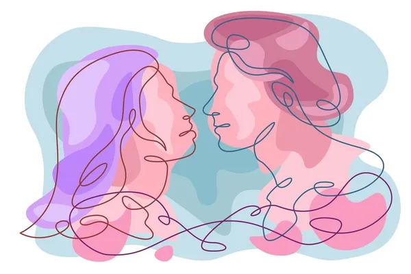 二人の恋人の顔の肖像画 若い恋人たちの抱擁 線の色だ 独立した最小限のイラストを描く1本の連続線ロゴ1本 — ストック写真