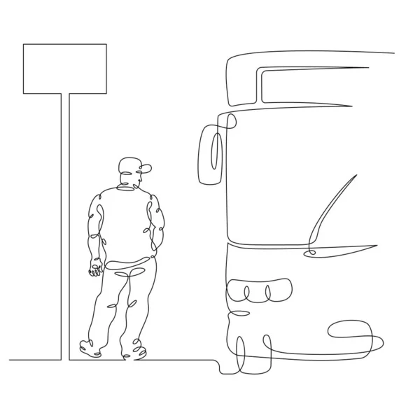 1つの連続線輸送旅客 バス停です 乗客はバス停で待っている 1つの連続図面ラインロゴ孤立最小限のイラスト — ストック写真