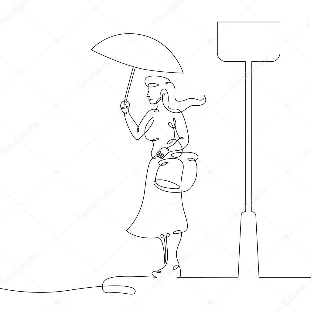 One continuous line.Transport passenger. Bus stop. Passenger waiting at the bus stop. One continuous drawing line logo isolated minimal illustration.