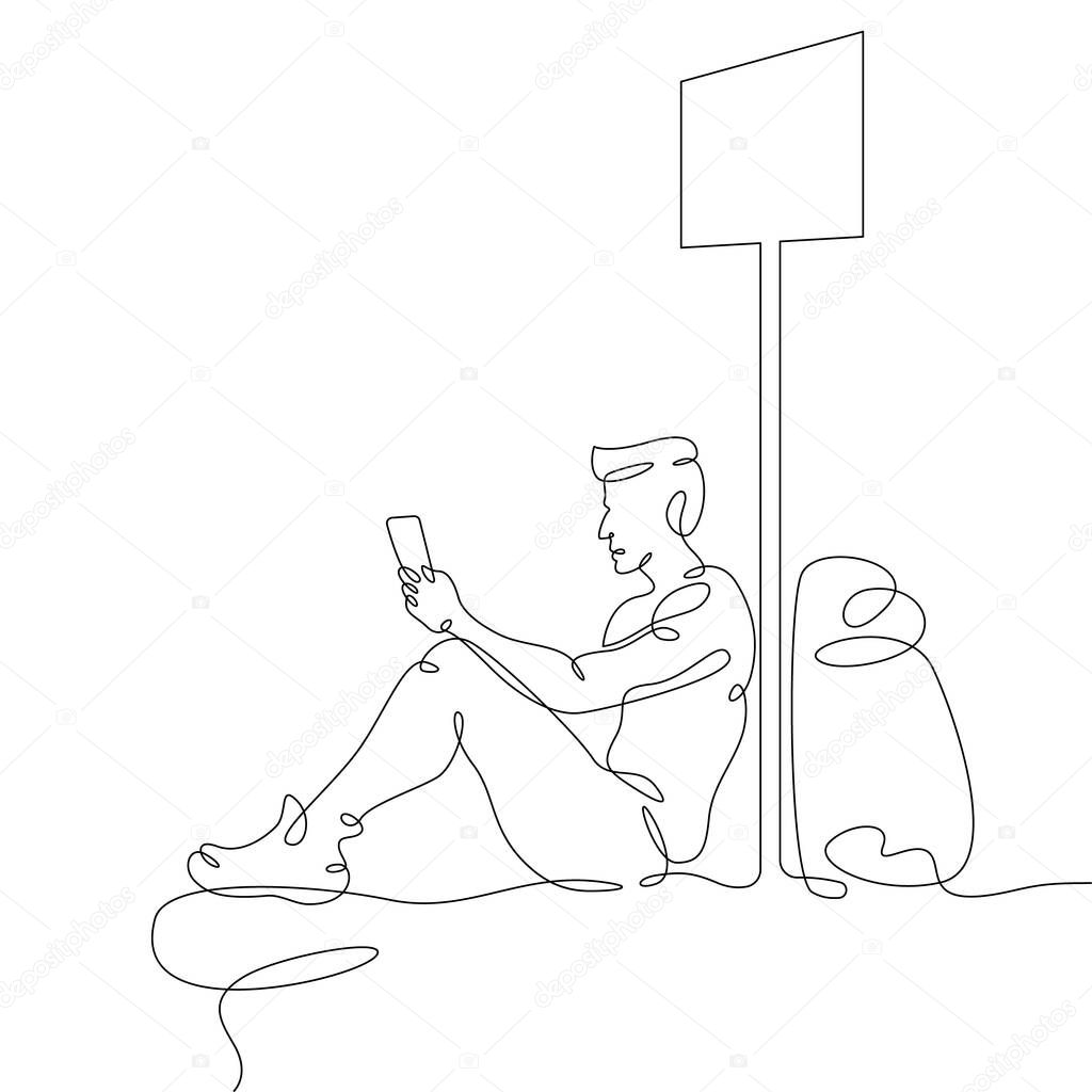 One continuous line.Transport passenger. Bus stop. Passenger waiting at the bus stop. One continuous drawing line logo isolated minimal illustration.