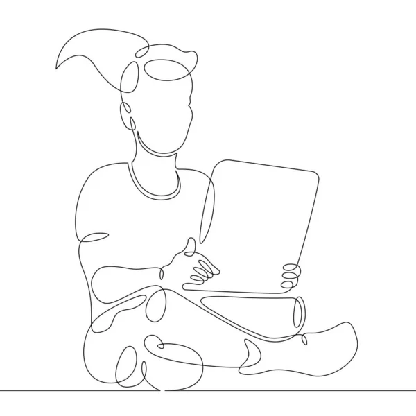 One continuous line.The child plays at the laptop. A teenager sits on the Internet. The kid uses a gadget.One continuous drawing line logo isolated minimal illustration.