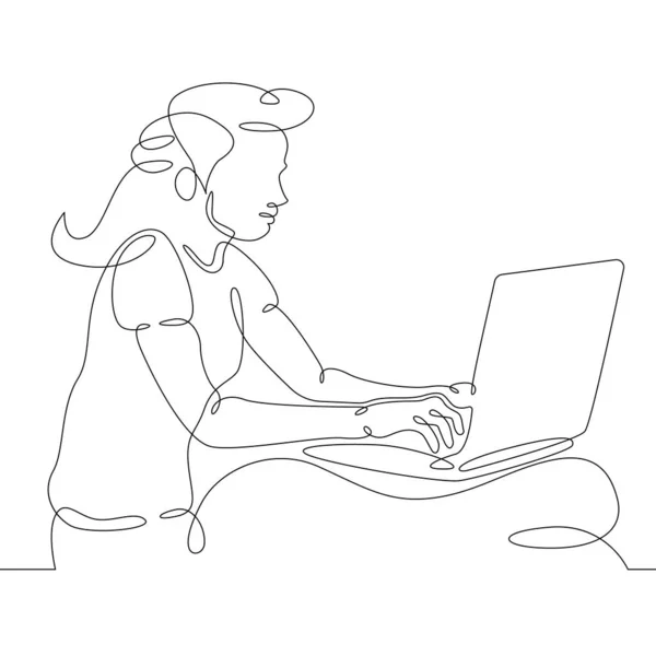 一个连续的线 孩子在笔记本电脑前玩耍 一个青少年坐在网上 这孩子用的是一个小工具 一个连续的绘图线标识隔离了极小的插图 — 图库照片