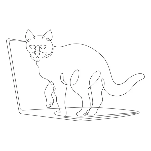 有台式计算机的猫 有宠物的笔记本电脑 一个连续的线 猫标识 一个连续的绘图线标识隔离了极小的插图 — 图库照片