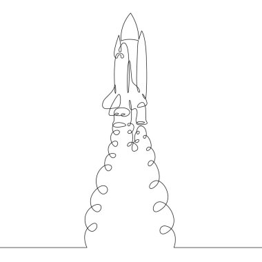Uzay aracının fırlatılması. Mekik fırlatma rampasında. Uzay taşımacısı.Bir sürekli çizgi. Bir sürekli çizim çizimi logosu izole edilmiş asgari çizim.