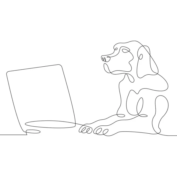 Dog Logo Dog Sits Laptop Pet Computer One Continuous Line — Stock Photo, Image