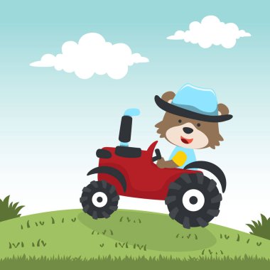 Çiftlikteki sevimli ayı ve traktör, komik hayvan karikatürü tişört baskısı için kullanılabilir, çocuklar moda tasarımı ve davetiye kartı giyebilir. kumaş, tekstil, çocuk odası duvar kağıdı, poster ve diğer dekorasyonlar.