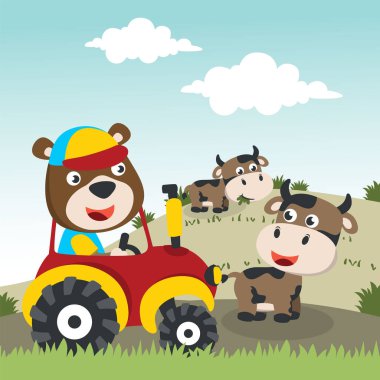 Çiftlikteki sevimli ayı ve traktör, komik hayvan karikatürü tişört baskısı için kullanılabilir, çocuklar moda tasarımı ve davetiye kartı giyebilir. kumaş, tekstil, çocuk odası duvar kağıdı, poster ve diğer dekorasyonlar.