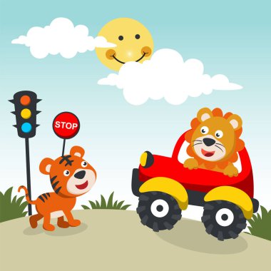 Arabasını süren sevimli aslan orman komik hayvan çizgi filmine gidiyor. Kumaş, tekstil, bebek odası duvar kâğıdı, poster, kart, broşür için yaratıcı çocuksu bir geçmiş. ve diğer dekorasyon.