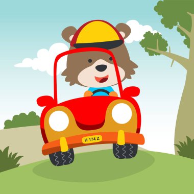 Tatlı ayı araba kullanıyor. Ormandaki komik hayvan çizgi filmine gidiyor. Kumaş, tekstil, bebek odası duvar kâğıdı, poster, kart, broşür için yaratıcı çocuksu bir geçmiş. ve diğer dekorasyon.