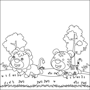 Vahşi hayvan çizgi film konsepti, ormanda tatlı aslan ve kaplan. Çocuklar için çocuksu tasarım aktivite boyama kitabı ya da sayfa.