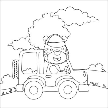 Tatlı ayı araba kullanıyor. Ormandaki komik hayvan çizgi filmine gidiyor. Çocuklar için çocuksu tasarım aktivite boyama kitabı ya da sayfa.