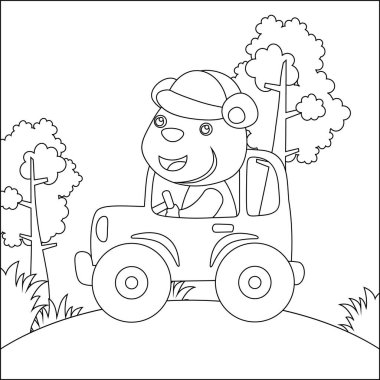 Tatlı ayı araba kullanıyor. Ormandaki komik hayvan çizgi filmine gidiyor. Çocuklar için çocuksu tasarım aktivite boyama kitabı ya da sayfa.