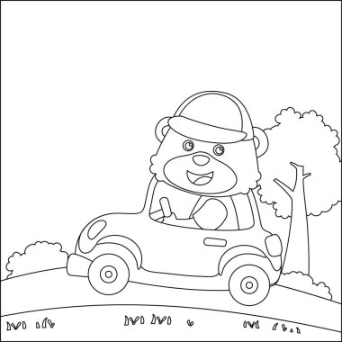 Tatlı ayı araba kullanıyor. Ormandaki komik hayvan çizgi filmine gidiyor. Çocuklar için çocuksu tasarım aktivite boyama kitabı ya da sayfa.