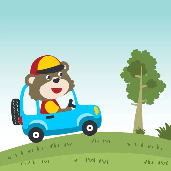 かわいいクマが車を運転して森の面白い動物の漫画に行く 保育園の壁紙 ポスター カード パンフレットのための創造的なベクトル幼稚な背景 その他の装飾は — ストックベクタ