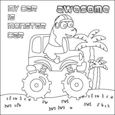 Şirin dinozor sürücüsü olan canavar kamyonun vektör çizimi. Çizgi film izole vektör çizimi, çocuk aktivite kitabı veya sayfa boyama için yaratıcı vektör tasarımı.