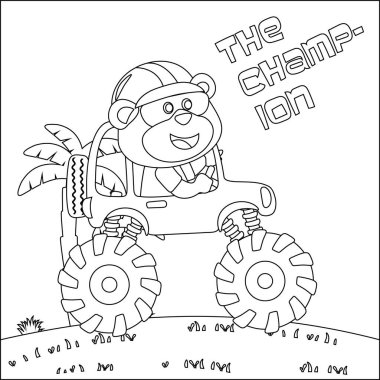 Şirin bir hayvan sürücüsü olan canavar kamyonun vektör çizimi. Çizgi film izole vektör çizimi, çocuk aktivite kitabı veya sayfa boyama için yaratıcı vektör tasarımı.