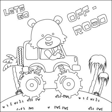 Şirin bir hayvan sürücüsü olan canavar kamyonun vektör çizimi. Çizgi film izole vektör çizimi, çocuk aktivite kitabı veya sayfa boyama için yaratıcı vektör tasarımı.