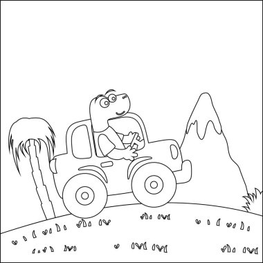 Araba süren sevimli dinozor orman komik hayvan çizgi filmine gidiyor. Çocuklar için çocuksu tasarım aktivite boyama kitabı ya da sayfa.