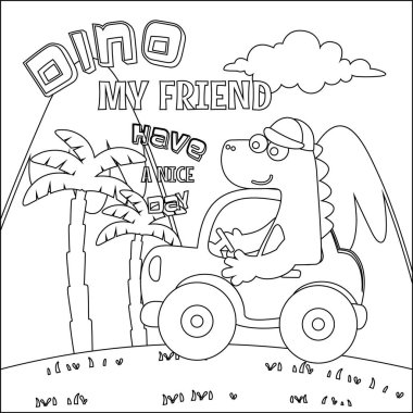 Araba süren sevimli dinozor orman komik hayvan çizgi filmine gidiyor. Çocuklar için çocuksu tasarım aktivite boyama kitabı ya da sayfa.