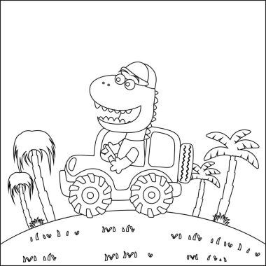 Araba süren sevimli dinozor orman komik hayvan çizgi filmine gidiyor. Çocuklar için çocuksu tasarım aktivite boyama kitabı ya da sayfa.