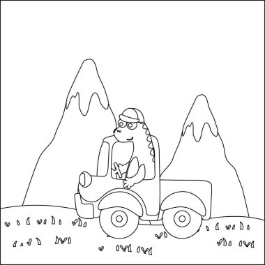 Araba süren sevimli dinozor orman komik hayvan çizgi filmine gidiyor. Çocuklar için çocuksu tasarım aktivite boyama kitabı ya da sayfa.