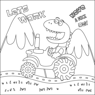 El çizimi traktörü ve işçi dinozor baskısı tasarımı, çocuk aktivite kitabı ya da sayfa boyama için çocukça tasarım.