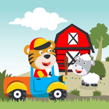 Tarladaki mutlu gülümseyen kaplan ve koyunların temsilcisi tişört baskısı için kullanılabilir, çocuklar moda tasarımı, davetiye kartı takabilir. kumaş, tekstil, bebek odası duvar kağıdı ve poster.