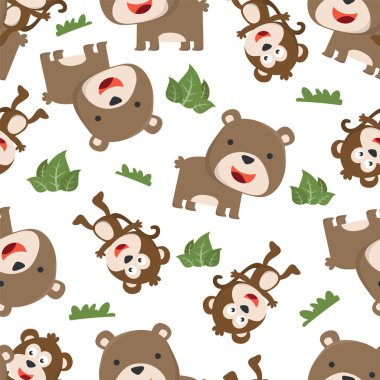 Ormandaki sevimli maymun ve ayının kusursuz deseni. Kumaş, tekstil, bebek odası duvar kâğıdı, poster, kart, broşür için yaratıcı çocuksu bir geçmiş. ve diğer dekorasyon.