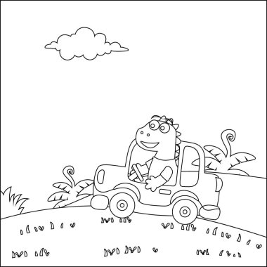 Araba süren sevimli dinozor orman komik hayvan çizgi filmine gidiyor. Çocuklar için çocuksu tasarım aktivite boyama kitabı ya da sayfa.