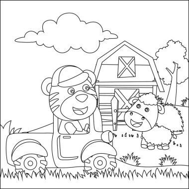 Tarladaki mutlu gülümseyen kaplan ve koyunların vektör çizimi, çocuk aktiviteleri için çocuksu tasarım kitap veya sayfa boyama.