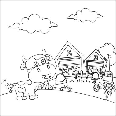 Tarlada gülümseyen ineğin temsili. Çocuklar için çocuksu tasarım aktivite boyama kitabı ya da sayfa.