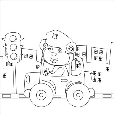 Şehirde komik maymun polis devriyesinin vektör karikatürü. Çocuklar için çocuksu tasarım aktivite boyama kitabı ya da sayfa.