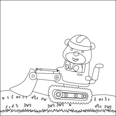 Mavi kazıcıdaki şirin küçük ayı. Çocuklar için çocuksu tasarım aktivite boyama kitabı ya da sayfa.