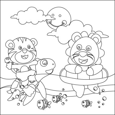 Şirin aslan, kaplan ve kaplumbağa okyanusta yüzüyor. Yaz konsepti hayvan çizgi film karakteri tasarımı, çocuk aktivite kitabı ya da sayfa boyama için çocukça tasarım.