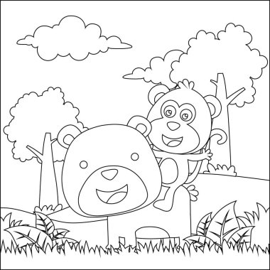 Vahşi hayvan çizgi romanları, ormanda şirin bir ayı ve maymun. Çocuklar için çocuksu tasarım aktivite boyama kitabı ya da sayfa.