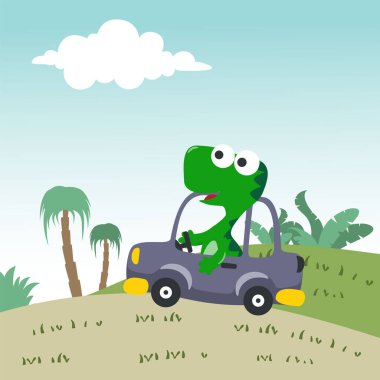 Araba süren sevimli küçük dinozor orman komik hayvan çizgi filmine gidiyor. Kumaş, tekstil, bebek odası duvar kâğıdı, poster, kart, broşür için yaratıcı çocuksu bir geçmiş. ve diğer dekorasyon.