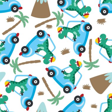 Güzel dinozorun araba sürüşünün kusursuz deseni orman komik hayvan çizgi filmine gidiyor. Tişört baskısı için kullanılabilir, çocuklar moda tasarımı giyer, tişört baskısı, bebek kıyafetleri, poster. ve diğer dekorasyon.