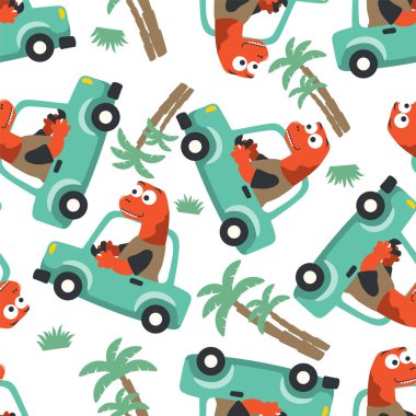 Güzel dinozorun araba sürüşünün kusursuz deseni orman komik hayvan çizgi filmine gidiyor. Tişört baskısı için kullanılabilir, çocuklar moda tasarımı giyer, tişört baskısı, bebek kıyafetleri, poster. ve diğer dekorasyon.