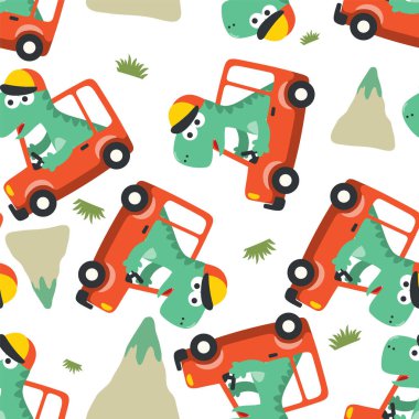 Güzel dinozorun araba sürüşünün kusursuz deseni orman komik hayvan çizgi filmine gidiyor. Tişört baskısı için kullanılabilir, çocuklar moda tasarımı giyer, tişört baskısı, bebek kıyafetleri, poster. ve diğer dekorasyon.