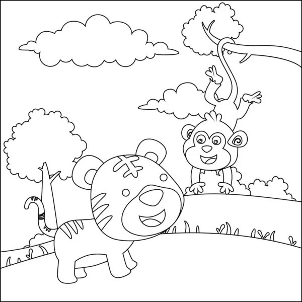 Desenhos Animados Animais Selvagens Conceito Tigre Bonito Macaco Selva Design —  Vetores de Stock
