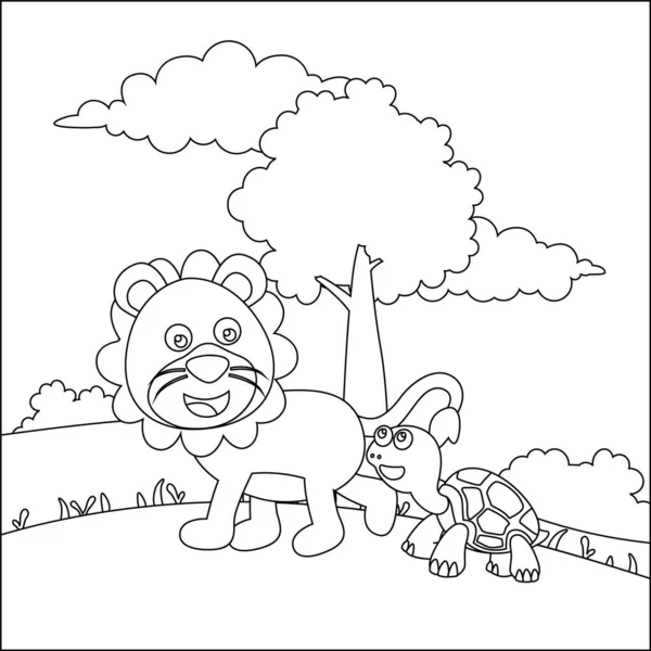 Γελοιογραφία Έννοια Άγρια Ζώα Χαριτωμένο Λιοντάρι Και Χελώνα Στη Ζούγκλα — Διανυσματικό Αρχείο