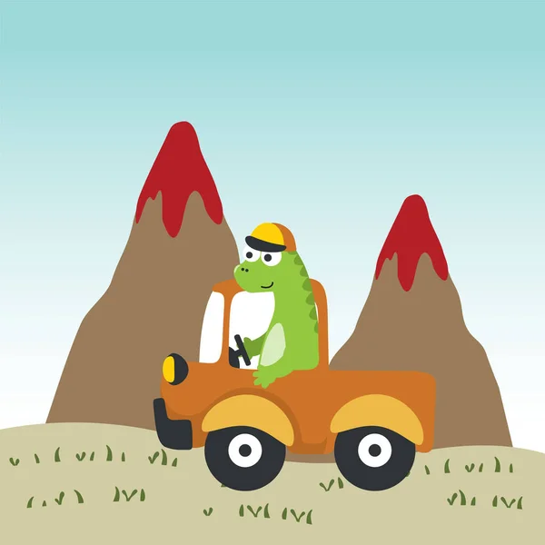 Cute Little Dinozaur Jazdy Samochodem Iść Lasu Śmieszne Zwierzę Kreskówki — Wektor stockowy