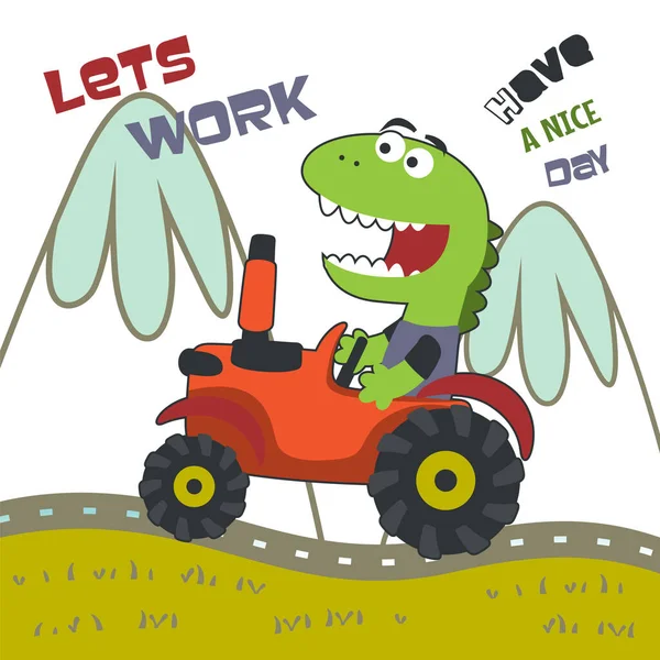 Cute Dinosaur Tractor Farm Funny Animal Cartoon Can Used Shirt — Stock Vector