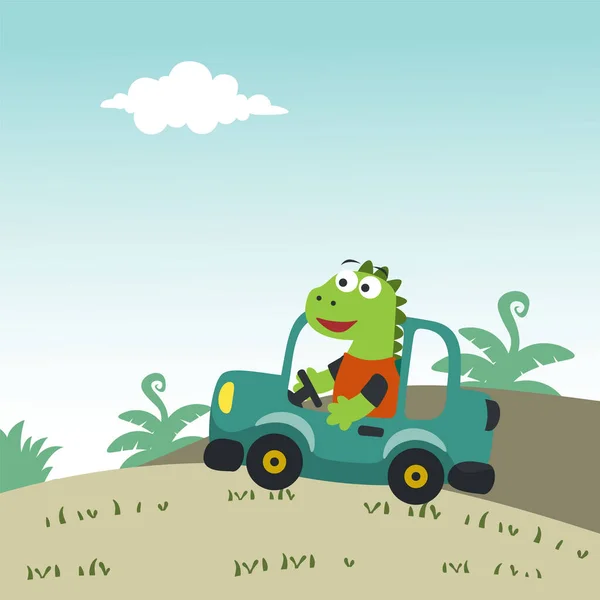 Cute Little Dinozaur Jazdy Samochodem Iść Lasu Śmieszne Zwierzę Kreskówki — Wektor stockowy