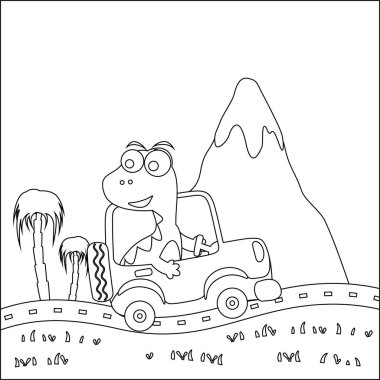 Araba süren sevimli dinozor orman komik hayvan çizgi filmine gidiyor. Çocuklar için çocuksu tasarım aktivite boyama kitabı ya da sayfa.