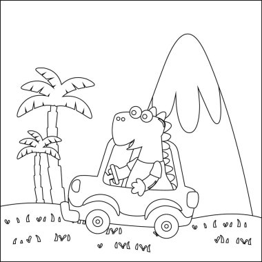 Araba süren sevimli dinozor orman komik hayvan çizgi filmine gidiyor. Çocuklar için çocuksu tasarım aktivite boyama kitabı ya da sayfa.