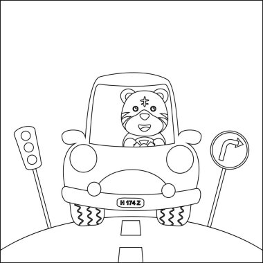 Tatlı kaplan çizgi filmi güneşli bir günde araba sürerken eğleniyor. Çizgi film izole vektör çizimi, çocuk aktivite kitabı veya sayfa boyama için yaratıcı vektör tasarımı.