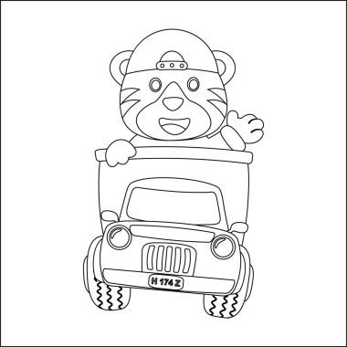 Yol gezisinde sevimli kaplanın vektör çizimi, çocuk aktivite kitabı ya da sayfa boyama için yaratıcı vektör tasarımı.